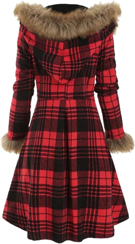 CELLABIE Red Plaid Faux Fur-Trim Hooded Toggle Parka