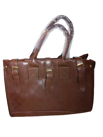 Dark Brown Pleather Check Pattern Handbag