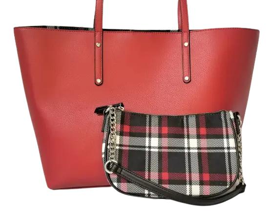 INC International Concepts Zoiey 2-for-1 Tote in Plaid & Red