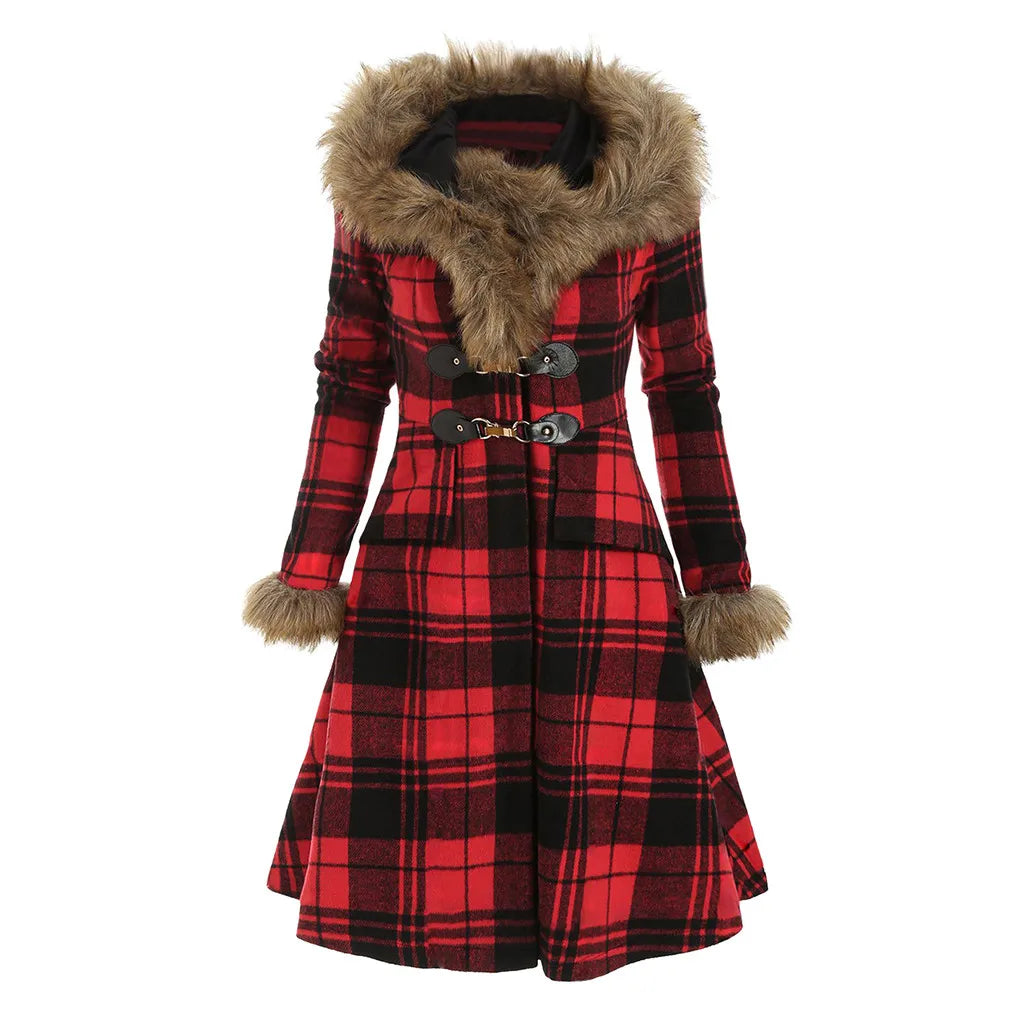 CELLABIE Red Plaid Faux Fur-Trim Hooded Toggle Parka