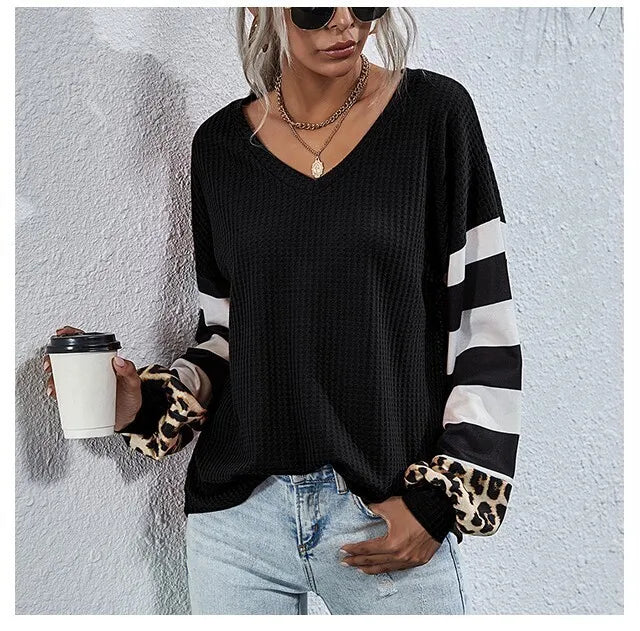 Knoeasy Black Leopard & Stripe Waffle-Knit V-Neck Sweatshirt