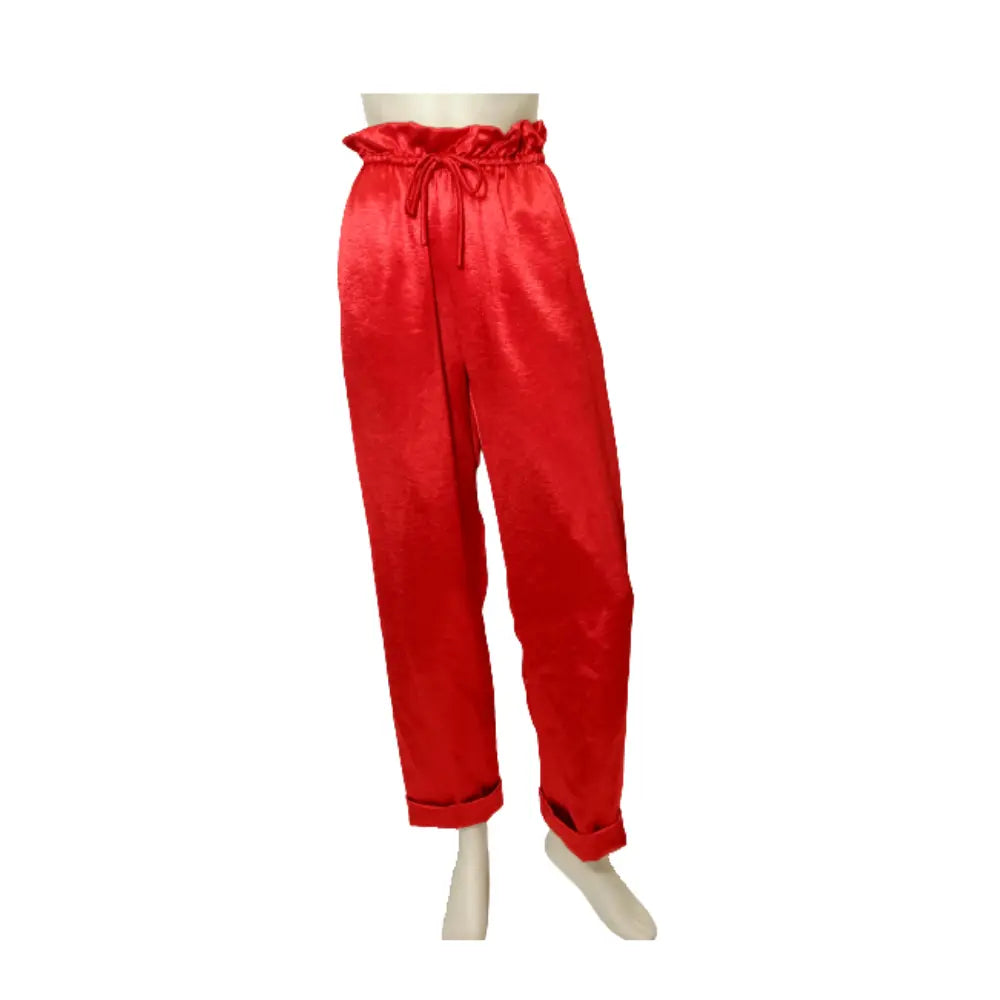 Glitz - Red Silky Drawstring Waist Straight Leg Cuffed Pants