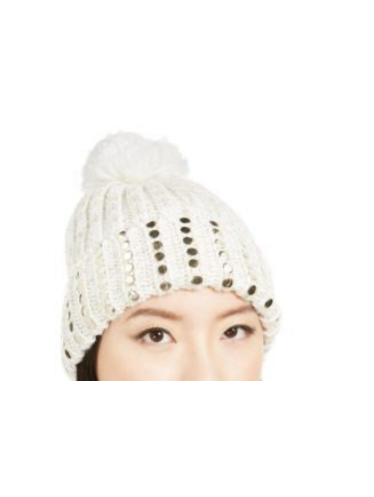 DKNY White &amp; Silver Flat-Stud Metallic Rib-Knit Hat