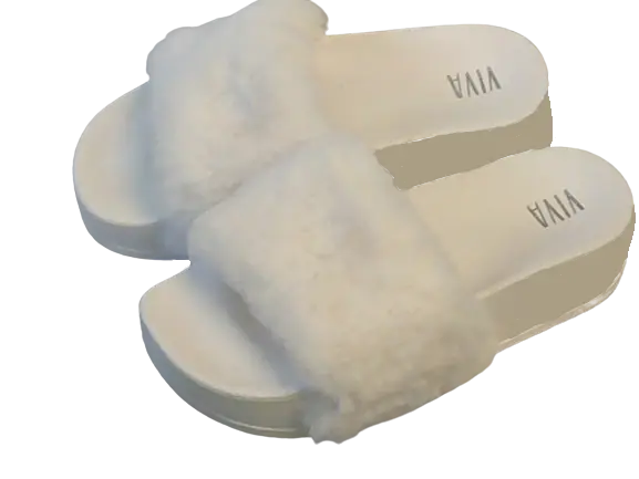 Viva White Fuzzy Slip On Sandals