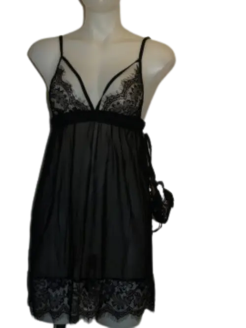 Lace Edge Baby Doll Top and Thong Set Black