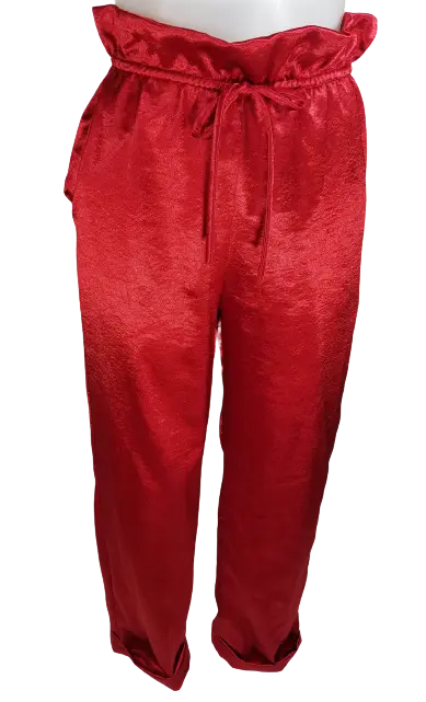 Glitz - Red Silky Drawstring Waist Straight Leg Cuffed Pants