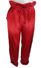 Glitz - Red Silky Drawstring Waist Straight Leg Cuffed Pants