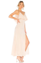 LPA V Neck Ruffle Gown in Champagne Flounce Overlay Design