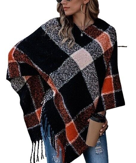 Romantichut Black & Red Plaid Fringe Poncho