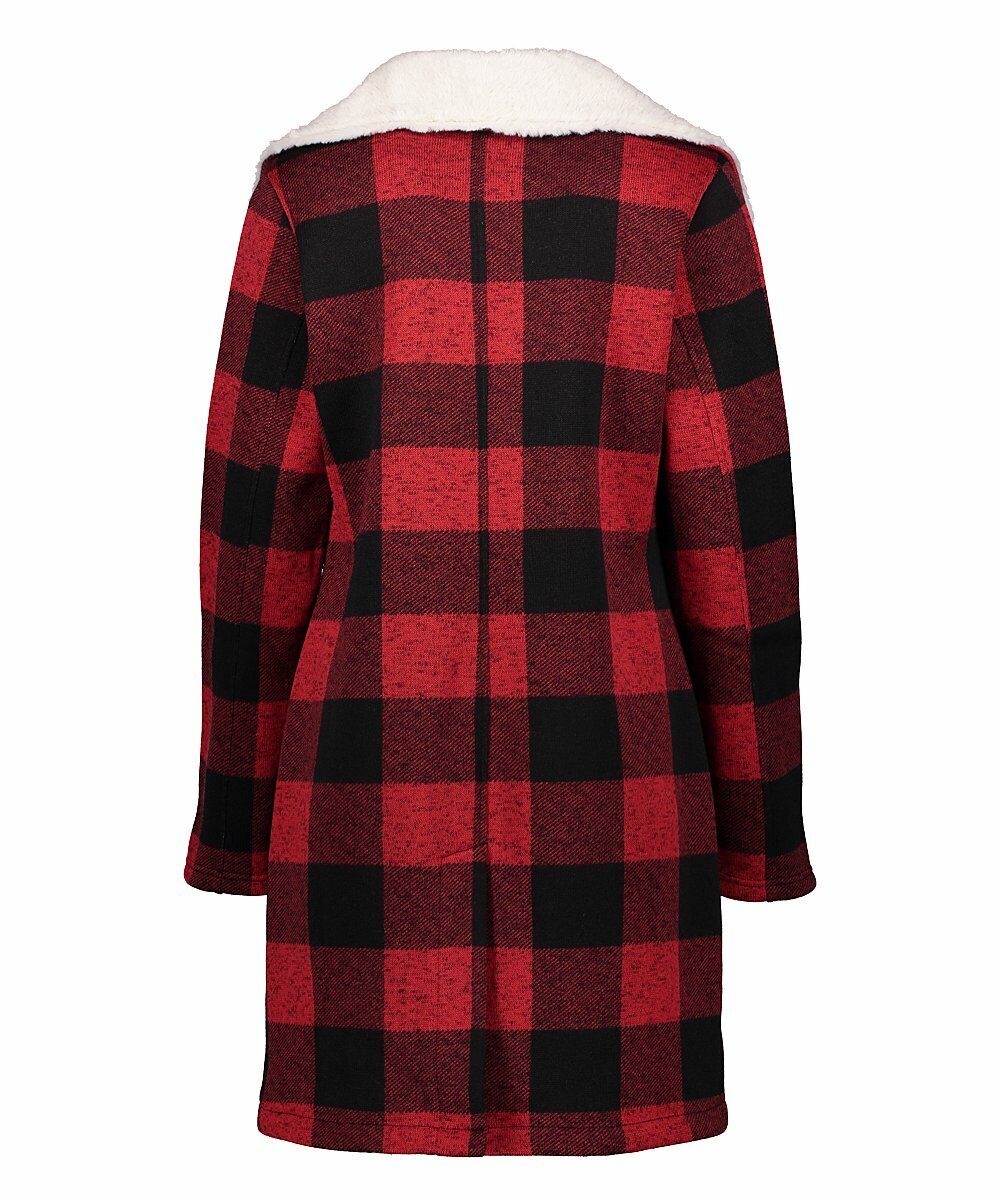 Steve Madden Black & Red Buffalo Check Faux Fur Fleece Button-Up Coat