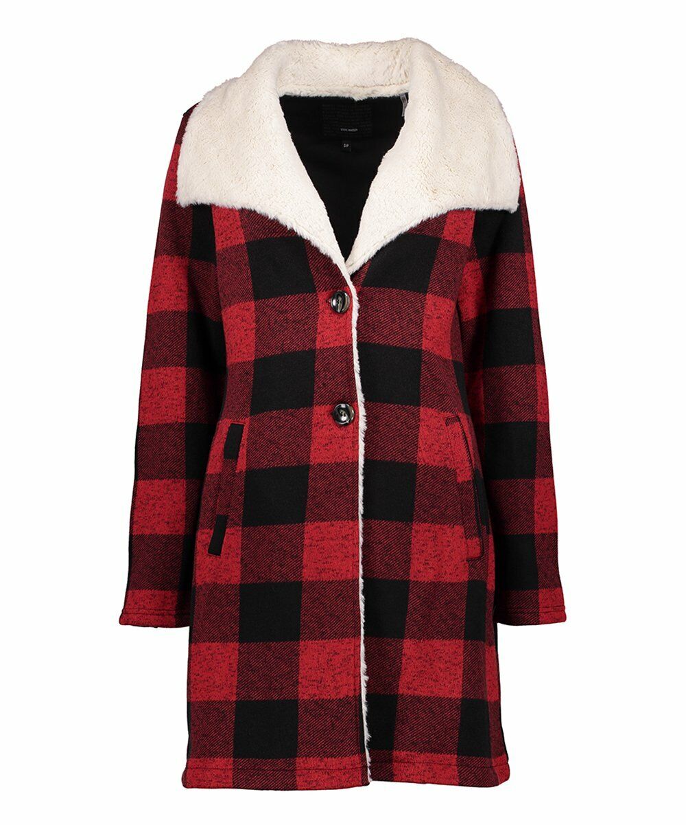 Steve Madden Black & Red Buffalo Check Faux Fur Fleece Button-Up Coat