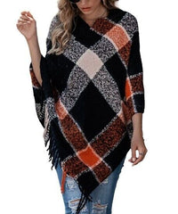 Romantichut Black & Red Plaid Fringe Poncho