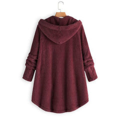 Yokodea Burgundy Fleecy Button-Up Hooded Coat