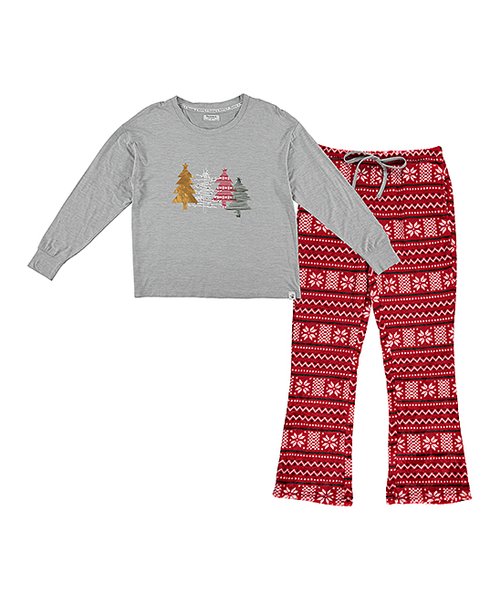 BEARPAW Gray Christmas Tree & Red Fair Isle Fuzzy Pajama Set