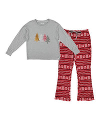 BEARPAW Gray Christmas Tree & Red Fair Isle Fuzzy Pajama Set