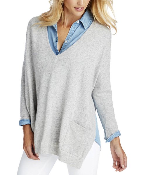 Vineyard Vines Light Gray Heather Wool-Blend Side-Slit Deep V-Neck Pullover