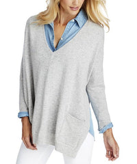 Vineyard Vines Light Gray Heather Wool-Blend Side-Slit Deep V-Neck Pullover