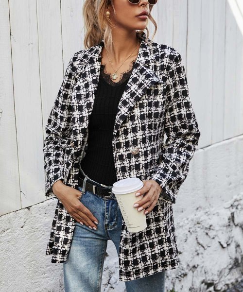 Coeur de Vague Black & White Plaid Longline Blazer