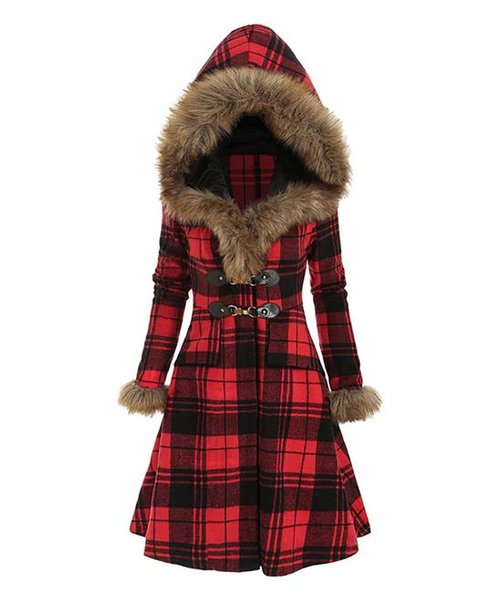 CELLABIE Red Plaid Faux Fur-Trim Hooded Toggle Parka