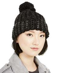 DKNY Black &amp; Silver Flat-Stud Metallic Rib-Knit Hat