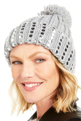 DKNY Silver Flat-Stud Metallic Rib-Knit Hat