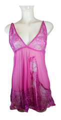 Fushia Bow Lace Detail Baby Doll Top-Thong Set